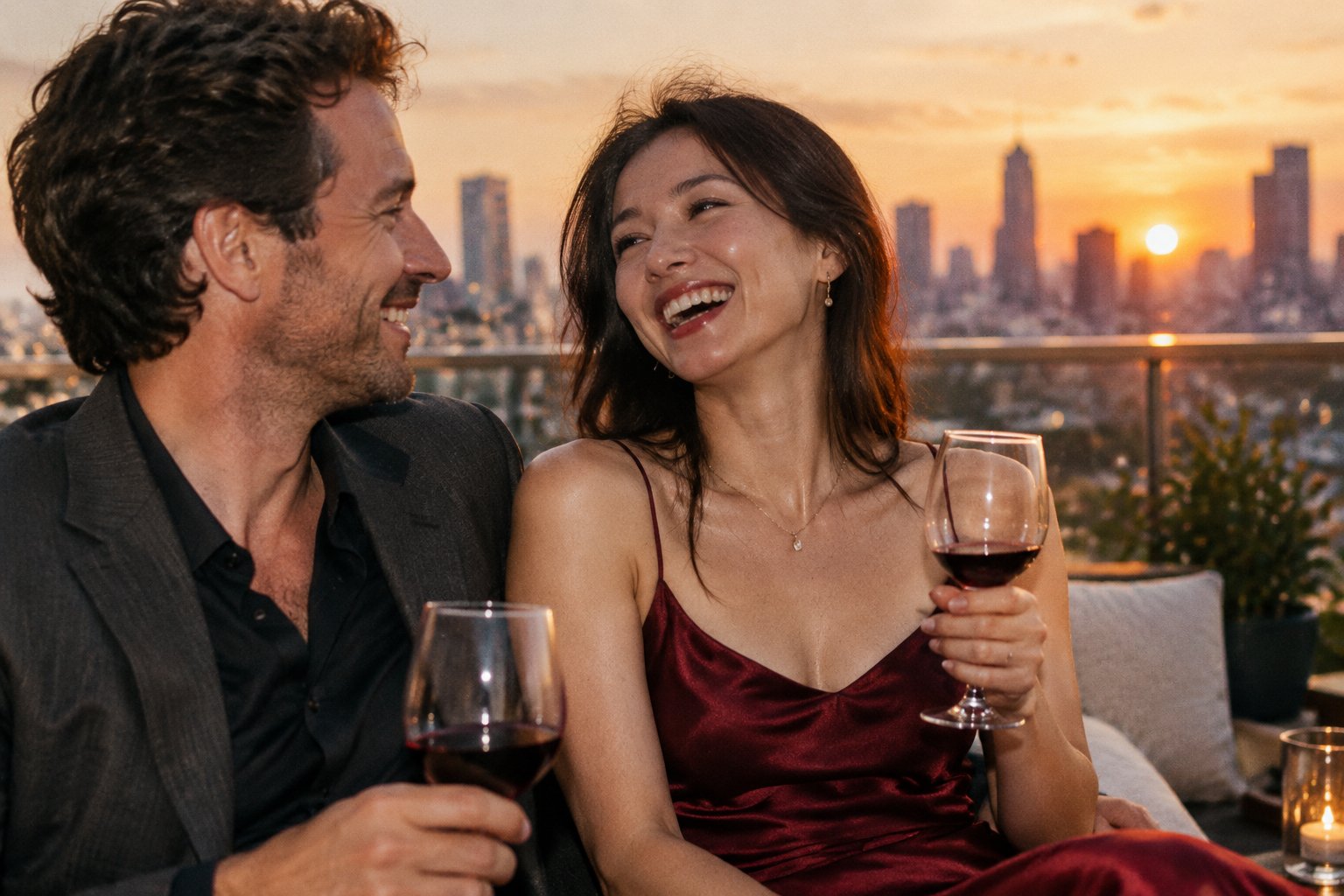 A well-dressed couple laughing together on a rooftop terrace at golden hour, wine glasses in hand, a city skyline behind them