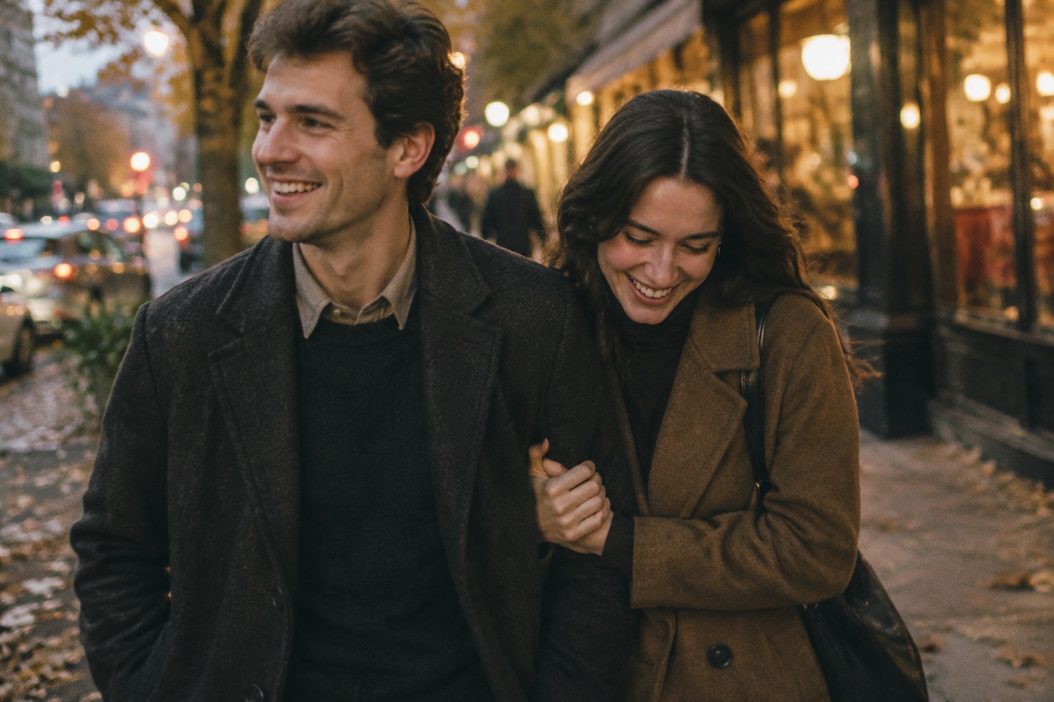 A couple walking together on a city street